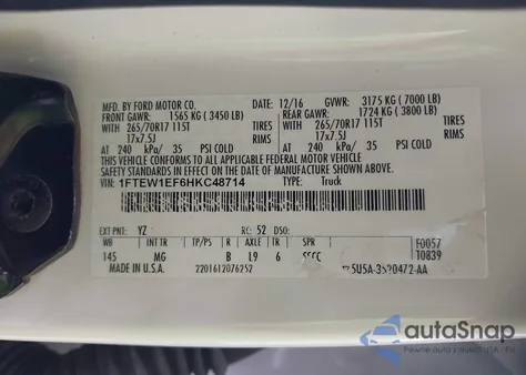 2017 Ford F-150 Xlt из США, поврежденный, VIN 1FTEW1EF6HKC48714